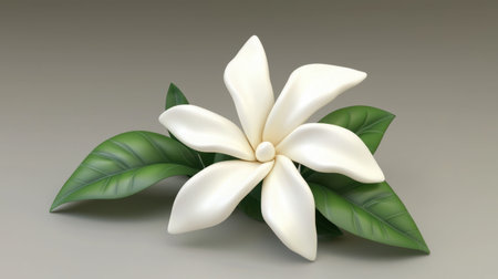 A fresh white jasmine flower with smooth petals and green leaves.の素材