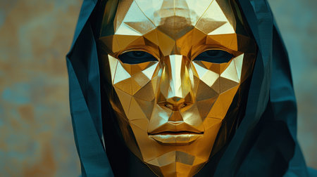 A faceted low-poly golden mask with a mysterious and futuristic aesthetic.の素材
