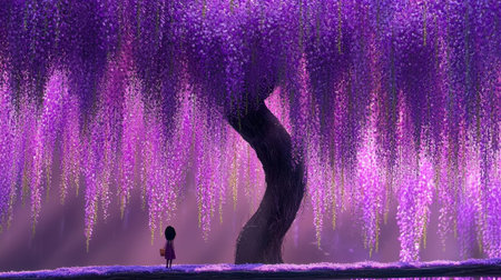 A fully bloomed wisteria cluster with cascading purple flowers.の素材