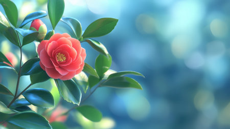 A 3D digital camellia flower with deep red, smooth petals.の素材