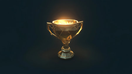 A futuristic low-poly golden trophy with polygonal details and a metallic glow.の素材