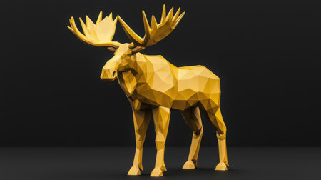 A bold low-poly golden moose standing tall, faceted with intricate geometric highlights.の素材