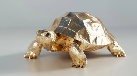 A faceted low-poly golden turtle, designed with precise geometric patterns.の素材