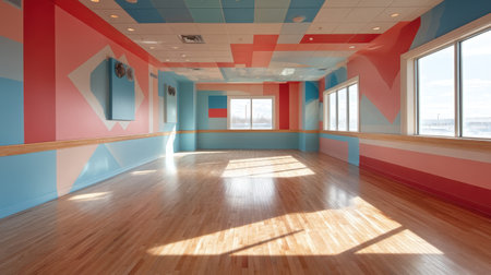 This image showcases a bright and colorful dance studio featuring a vibrant geometric wall design and ample natural light flooding through large windows.の素材