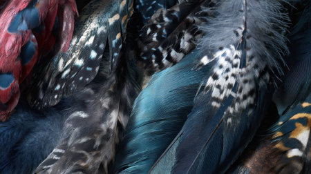 A stunning collection of diverse bird feathers featuring rich textures and patterns. This image captures the vivid colors and elegant designs, making it perfect for artistic and nature-related projects.の素材