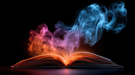 This stunning image features an open book emanating vibrant smoke in various colors, creating a magical and imaginative atmosphere perfect for artistic projects.の素材