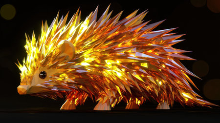 A polygonal low-poly golden porcupine, its spikes shimmering in metallic gold.の素材