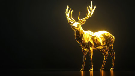 A majestic low-poly golden elk standing, its antlers glowing in polygonal light.の素材