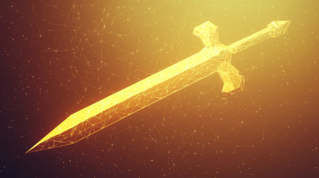 A sharp low-poly golden dagger, reflecting light in intricate geometric surfaces.の素材