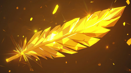 A modern low-poly golden feather with sharp facets and a glowing edge.の素材