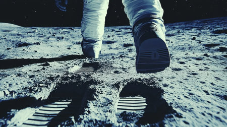 A cinematic space scene showcasing the American flag on the moon with the astronaut footprints leading towards a futuristic lunar base.の素材