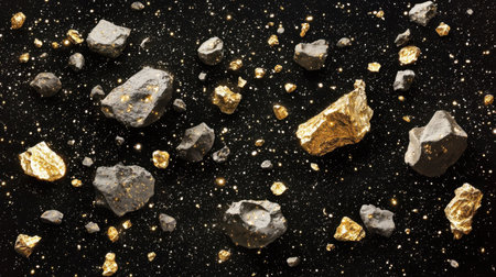 A massive asteroid field drifting through space with glowing cosmic dust.の素材