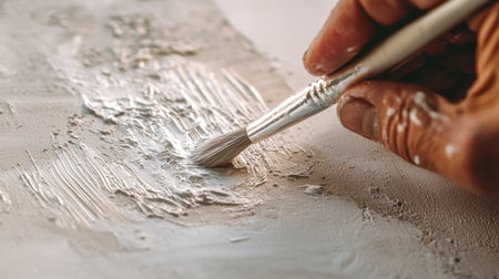 A close-up of a hand holding a silver paintbrush, creating delicate strokes on a canvas.の素材