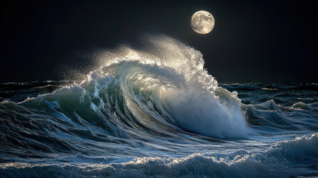A silver-tinted ocean wave crashing against the shore, capturing the beauty of moonlit waters.の素材