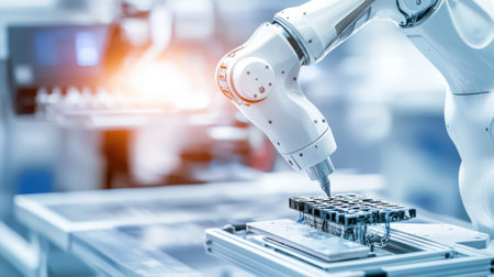 A robotic silver arm assembling components in a high-tech factory, representing automation and precision.の素材