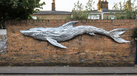 A shimmering silver graffiti artwork on an urban brick wall, showcasing modern street art.の素材