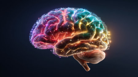 This vibrant illustration features a colorful brain surrounded by glowing neural connections, symbolizing the fusion of technology and intelligence.の素材