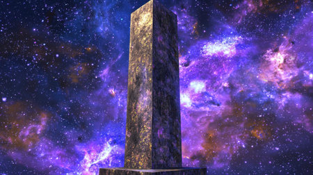 A mysterious alien monolith floating near an asteroid belt in space.の素材