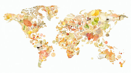 A watercolor world map with sections fading into garbage, showcasing the struggle between sustainability and pollution.の素材