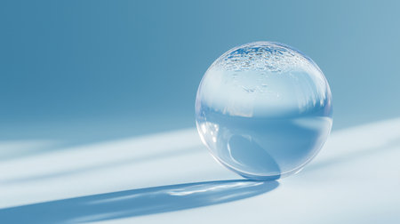 A crystal-clear water droplet forming a globe, symbolizing the importance of water conservation for World Water Day, with a serene blue backgroundの素材