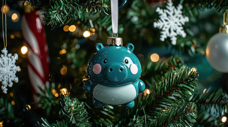 Close-up of a cute ceramic hippo ornament on a Christmas tree, with snowflakes and ribbons in the background.の素材