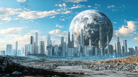 A futuristic 3D concept of a planet buried in garbage, with skyscrapers made of waste and landfills replacing nature, symbolizing extreme pollutionの素材