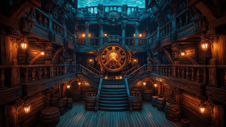 A detailed pirate ship deck with cannons, wooden planks, and lanterns, ready for a theatrical adventureの素材