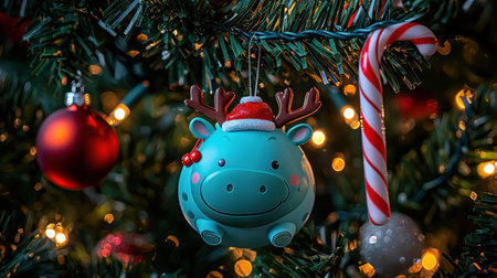 Festive hippo ornament with tiny reindeer antlers, hanging next to colorful baubles and candy canes on a lush green Christmas tree.の素材