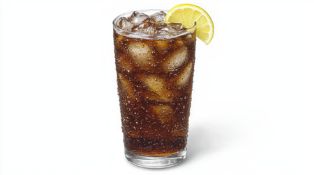 A tall glass of iced cola with fizzing bubbles and a lemon wedge on the rim, isolated on a clean, bright surfaceの素材