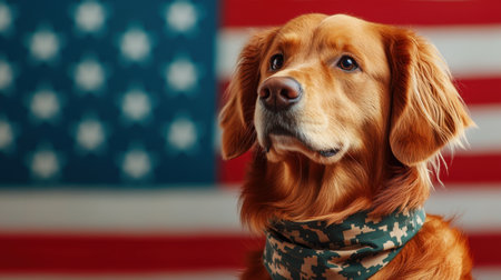 A serious-looking Golden Retriever with a camouflage bandana, honoring U.S. veterans on Memorial Day.の素材