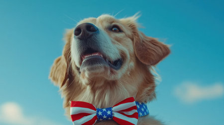 A heroic-looking Golden Retriever with a stars-and-stripes bowtie, gazing proudly towards the sky.の素材