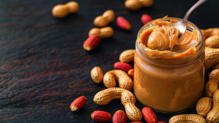 A spoon dipped into a jar of peanut butter, surrounded by whole peanuts, emphasizing freshness and tasteの素材