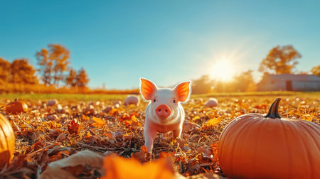 Adorable piglets frolic in a sunlit farm field under a clear blue sky, surrounded by pumpkins and autumn leaves, celebrating Thanksgiving.の素材