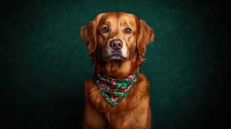 A serious-looking Golden Retriever with a camouflage bandana, honoring U.S. veterans on Memorial Day.の素材