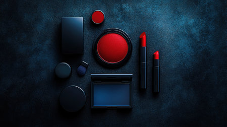 A stylish arrangement of makeup essentials with a bold red lipstick in the center, highlighting the beauty trends of 2026.の素材
