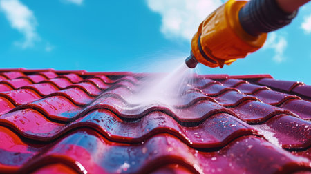 A professional carefully pressure washing a sloped roof, strong water jets clearing debris.の素材