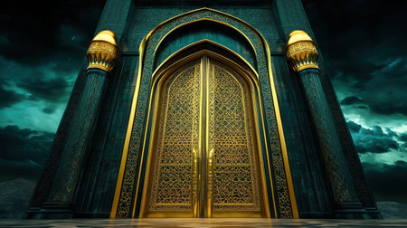 Elegant golden mosque door with intricate patterns, glowing under a mystical galaxy night sky.の素材