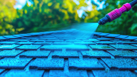 Close-up of high-pressure water blasting dirt from a rooftop, showcasing the cleaning process.の素材