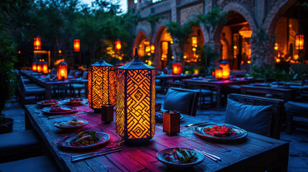 Iftar table set with traditional Ramadan dishes, warm lanterns creating a cozy ambiance.の素材