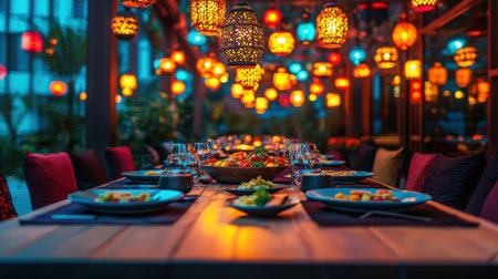 Iftar table set with traditional Ramadan dishes, warm lanterns creating a cozy ambiance.の素材