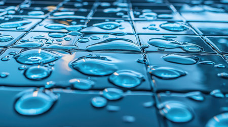 Water leaks from office ceiling tiles, droplets forming puddles on the floor.の素材