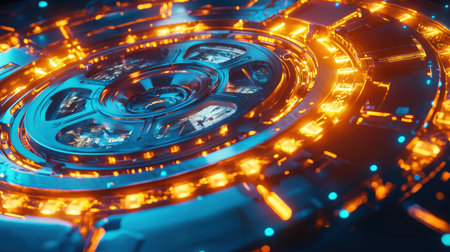 Glowing film reel with movie scenes playing across its surface, evoking nostalgia and storytelling.の素材