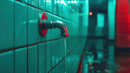 Water droplets steadily leaking from a cracked pipe close to an airport bathroom tapの素材
