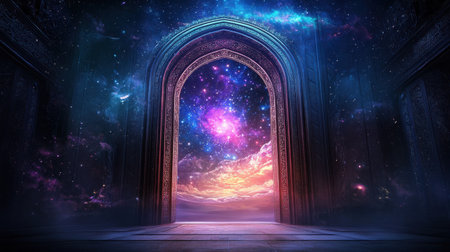 Spiritual Ramadan greeting backdrop featuring a celestial sky framed by an Islamic ornamental entrance.の素材