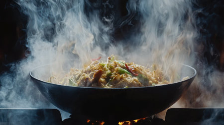A chef wok sizzling with a mix of noodles, vegetables, and meat, captured with realistic textures and lightingの素材