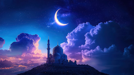 Tranquil scene of a mosque under a celestial sky, crescent moonlight shining for Ramadan blessings.の素材