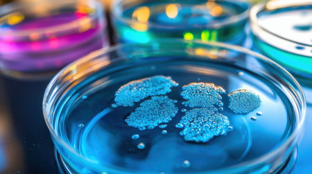 A close-up of a petri dish with blue bacteria culture, representing scientific researchの素材