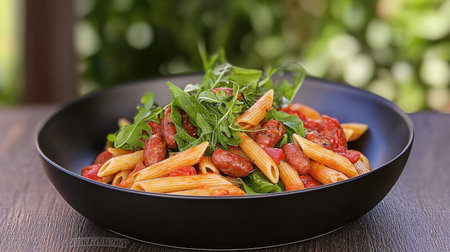 A delicious serving of penne pasta with savory sausages and fresh greens, plated stylishly on a black dishの素材
