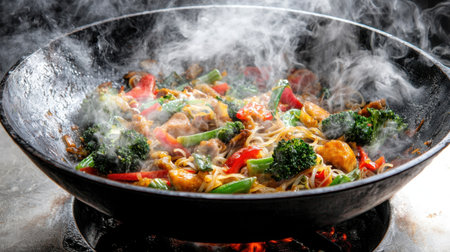 A freshly prepared Asian-style stir-fry in a wok, isolated on white, with vibrant ingredients and steaming noodlesの素材