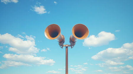 A pair of megaphones attached to a sturdy pole, pointing in different directions against an endless blue skyの素材